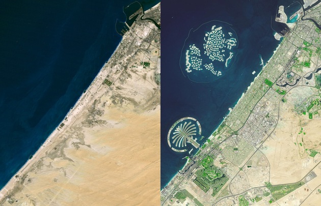 Satellitenaufnahmen von Dubai von 1985 und 2013 - zum Earth Day die künstlichen Inseln von "The Palm" und "The World". Trotz (oder wegen) intensiver Begrünung alles andere als eine "Green City".